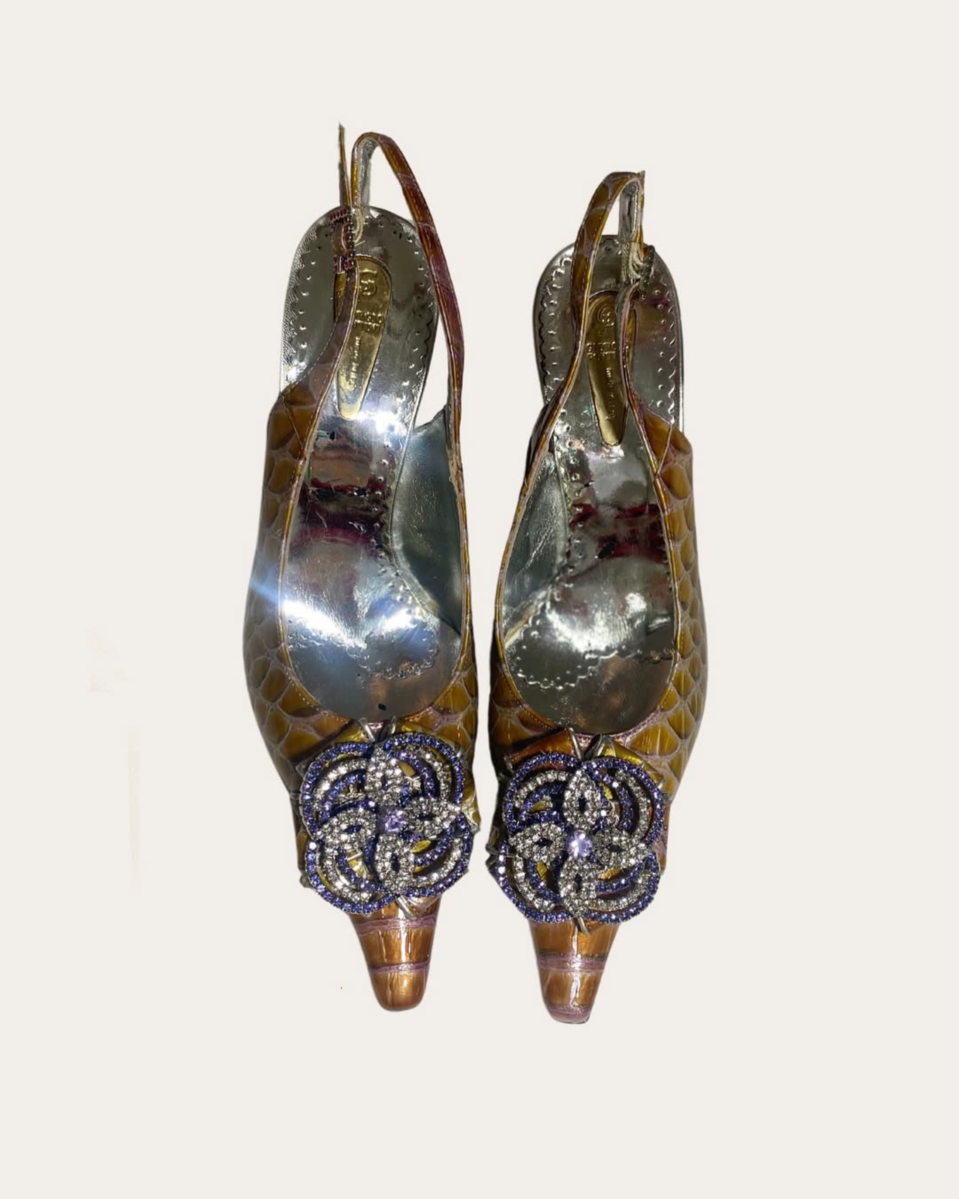 Iridescent Yellow Gold and Purple Croco Print and Strass Pointed Toe Pumps Shoes