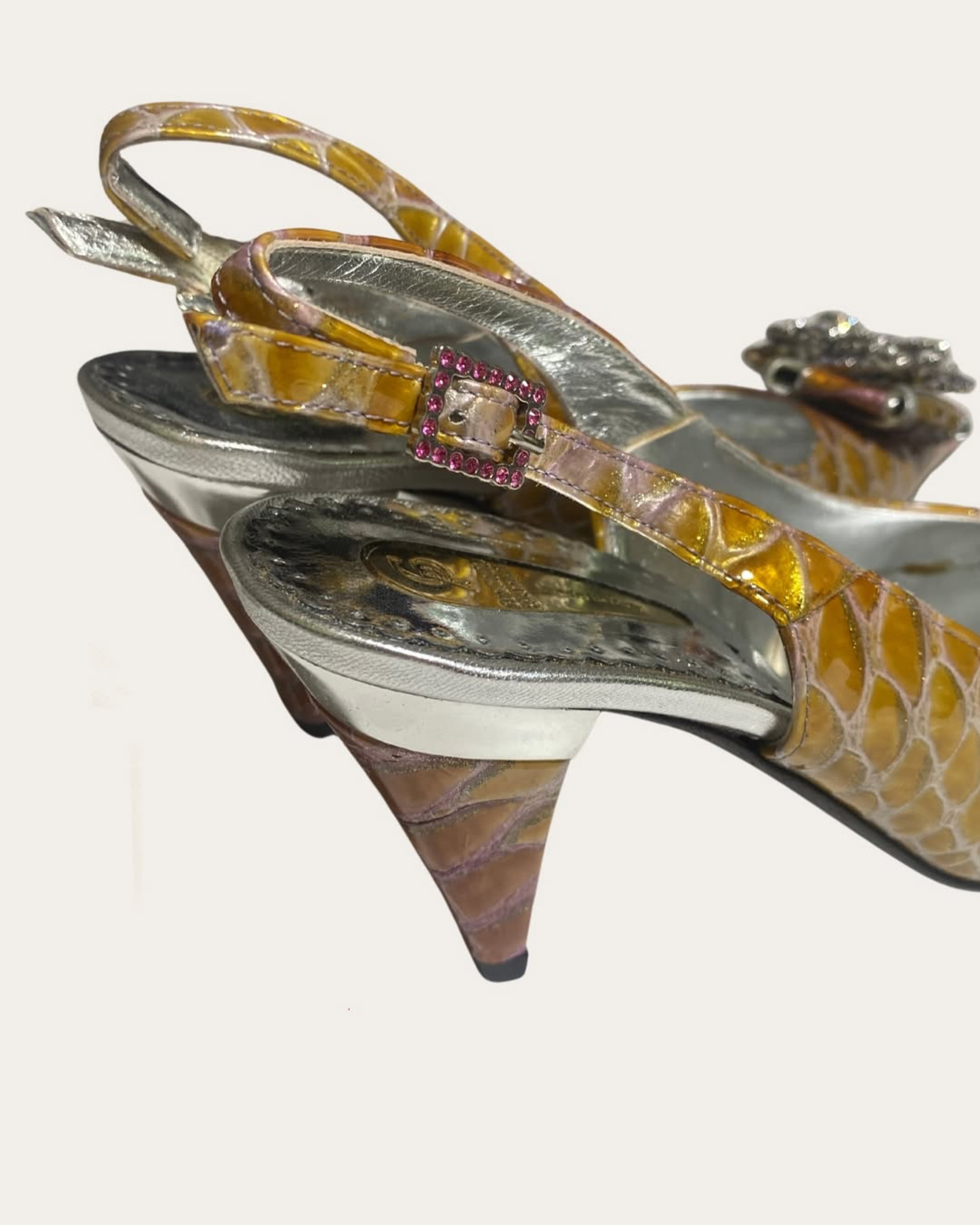 Iridescent Yellow Gold and Purple Croco Print and Strass Pointed Toe Pumps Shoes