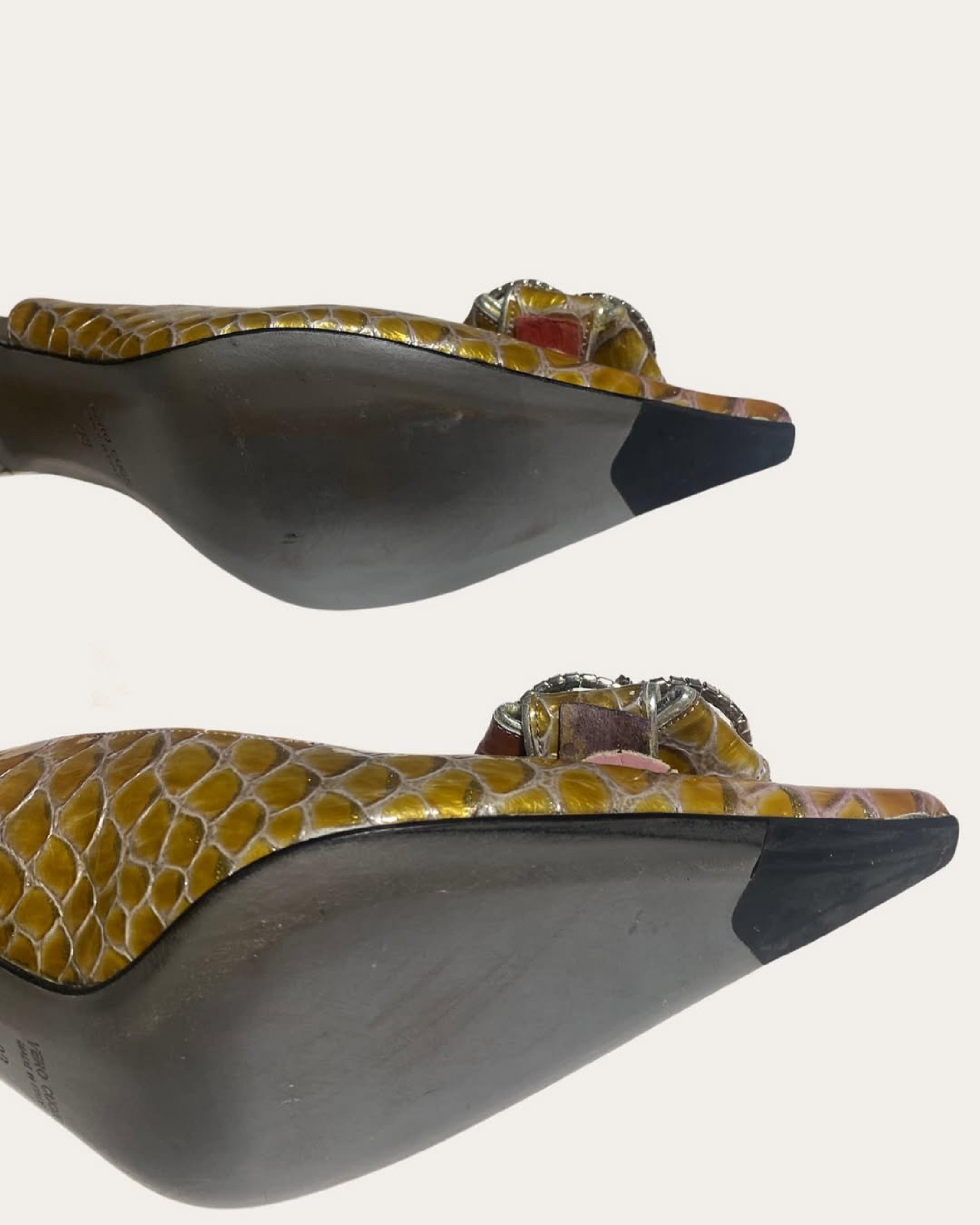 Iridescent Yellow Gold and Purple Croco Print and Strass Pointed Toe Pumps Shoes