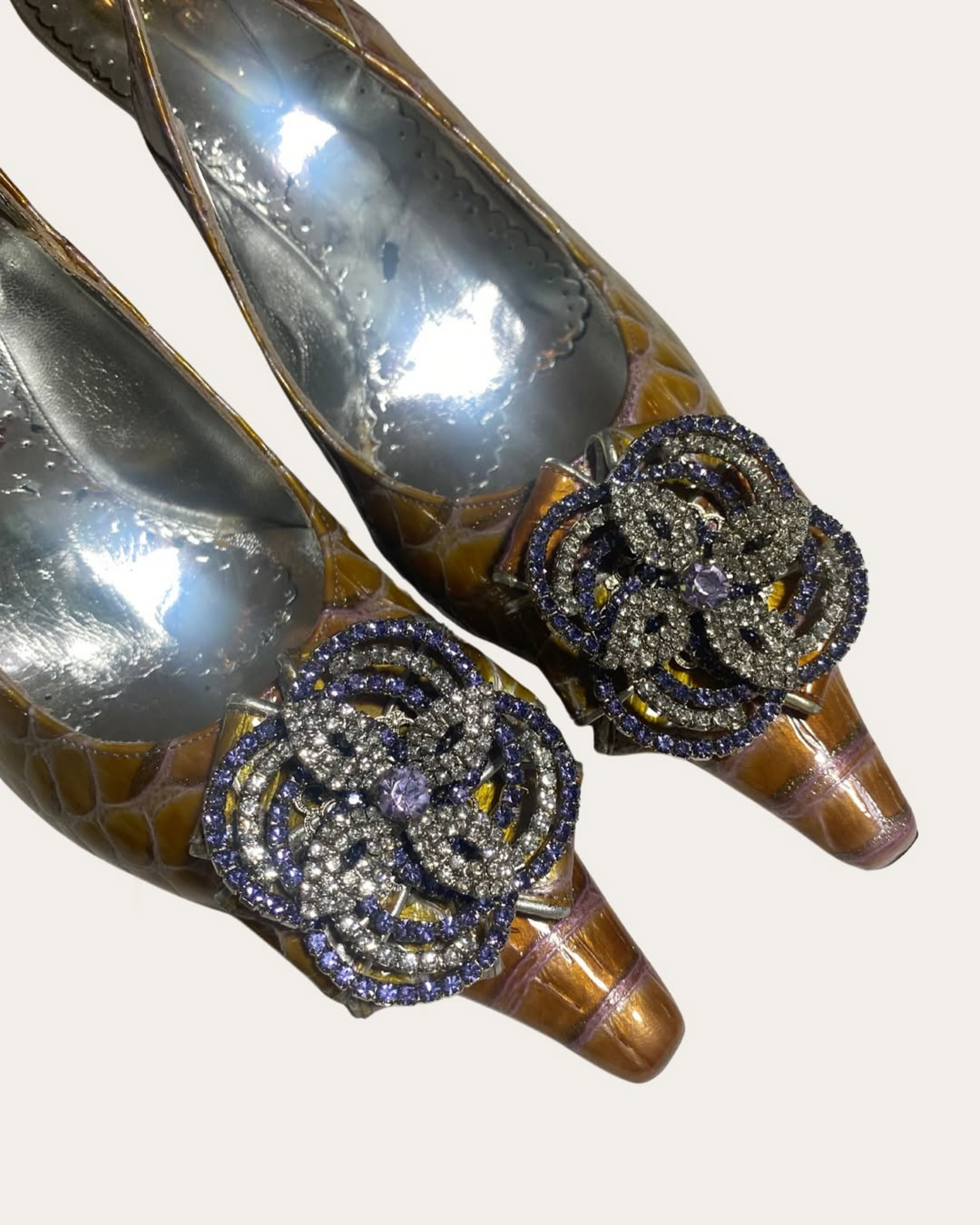 Iridescent Yellow Gold and Purple Croco Print and Strass Pointed Toe Pumps Shoes