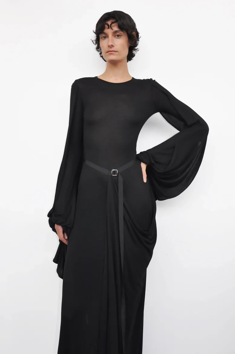 Flight-sleeve draped long dress