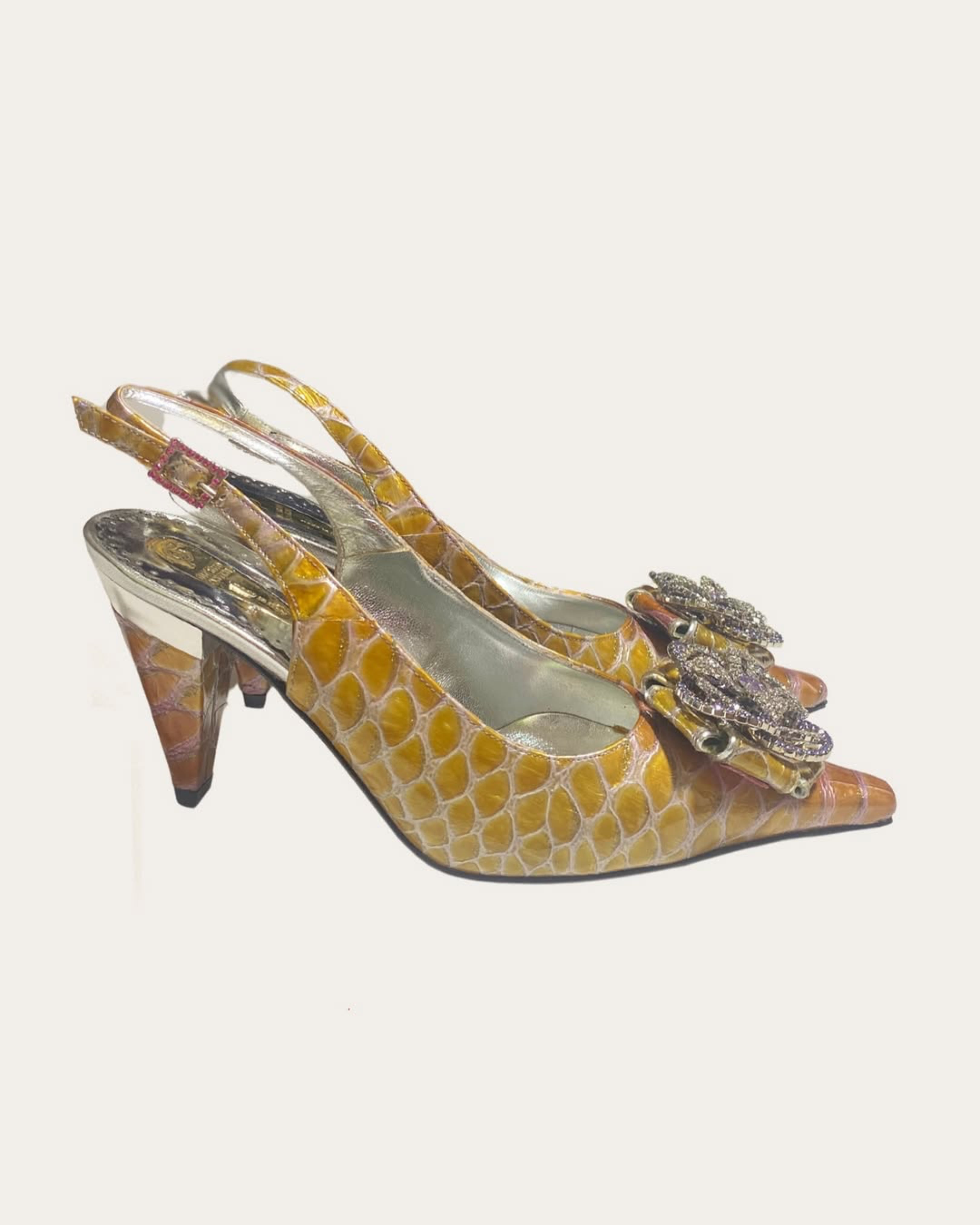 Iridescent Yellow Gold and Purple Croco Print and Strass Pointed Toe Pumps Shoes