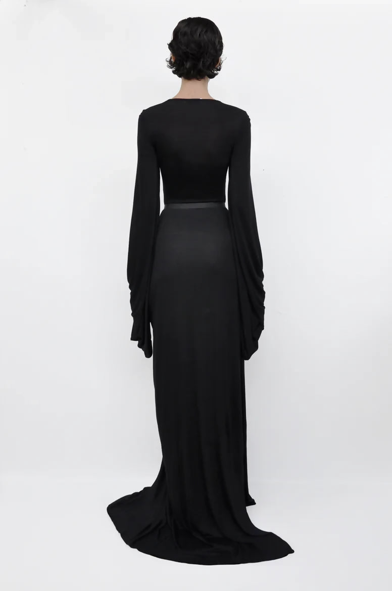 Flight-sleeve draped long dress
