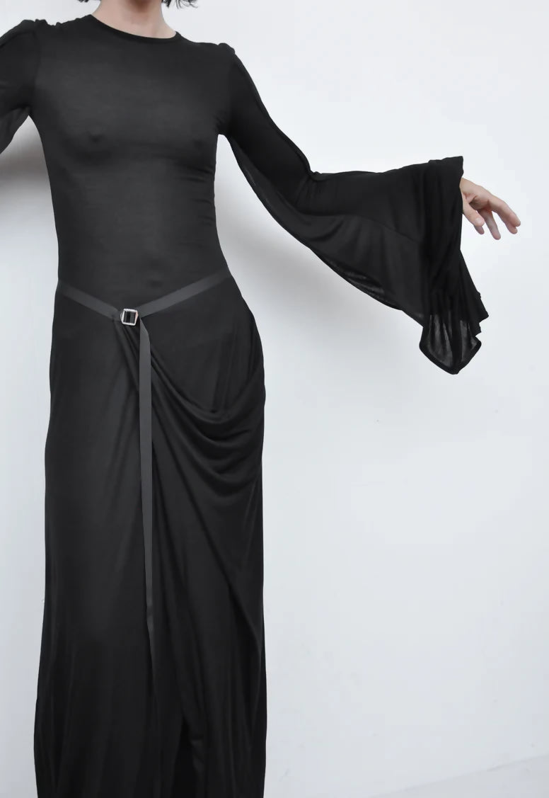 Flight-sleeve draped long dress